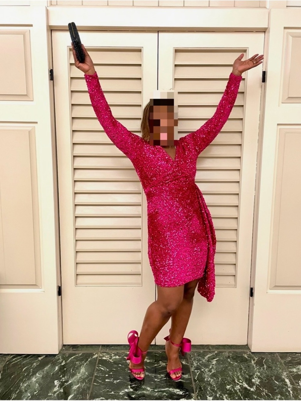 Sequin Wrap Long-Sleeve Dress in Fuchsia Pink